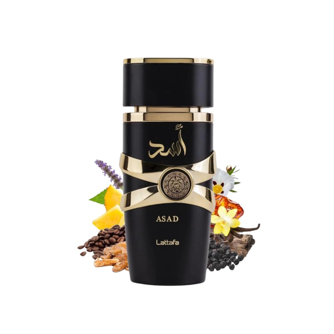 Black and gold perfume bottle with floral and spice elements on a white background