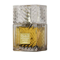Perfume bottle with gold liquid and clear glass container on a white background