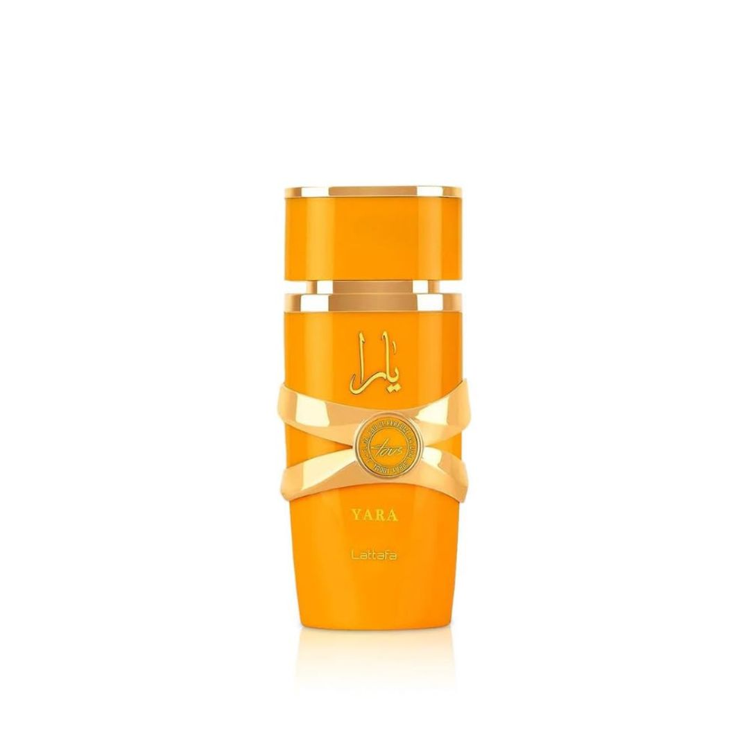 Orange and gold bottle with 'Yara' branding on a white background