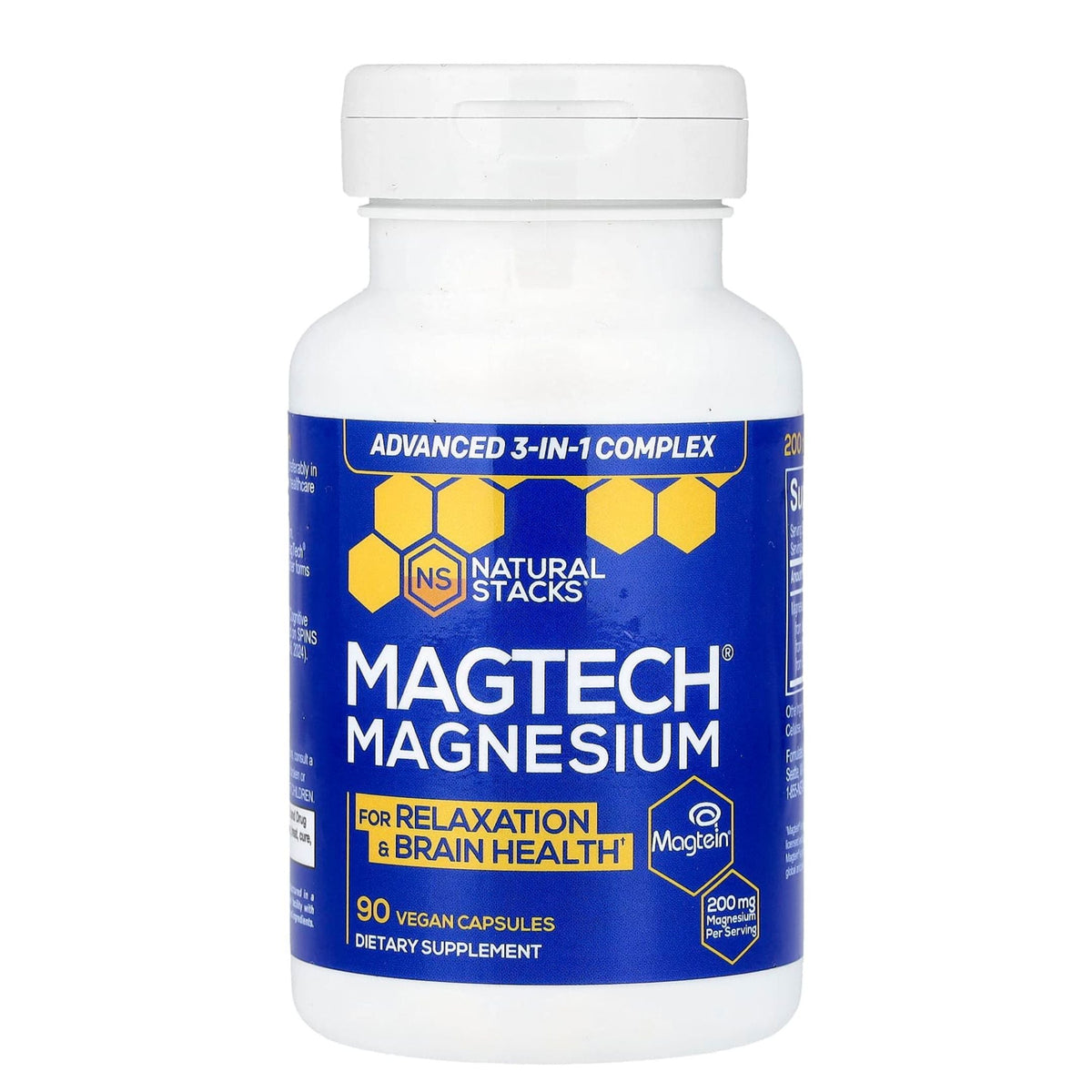 Supplement bottle labeled 'Magtech Magnesium' by Natural Stacks on a white background