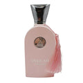 Pink perfume bottle with silver cap and tassel on a white background