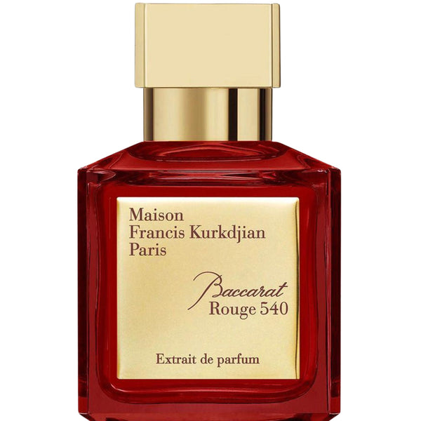 Red and gold perfume bottle with 'Maison Francis Kurkdjian' branding on a white background