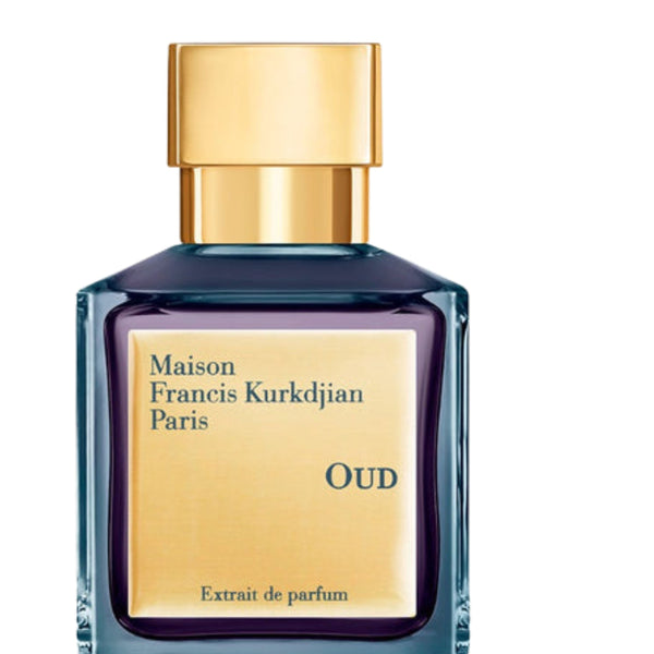 Perfume bottle with gold cap and Maison Francis Kurkdjian label on a white background