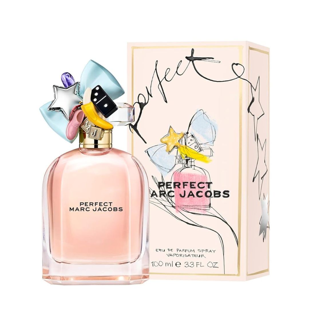 Marc Jacobs Perfect perfume bottle and packaging on a white background