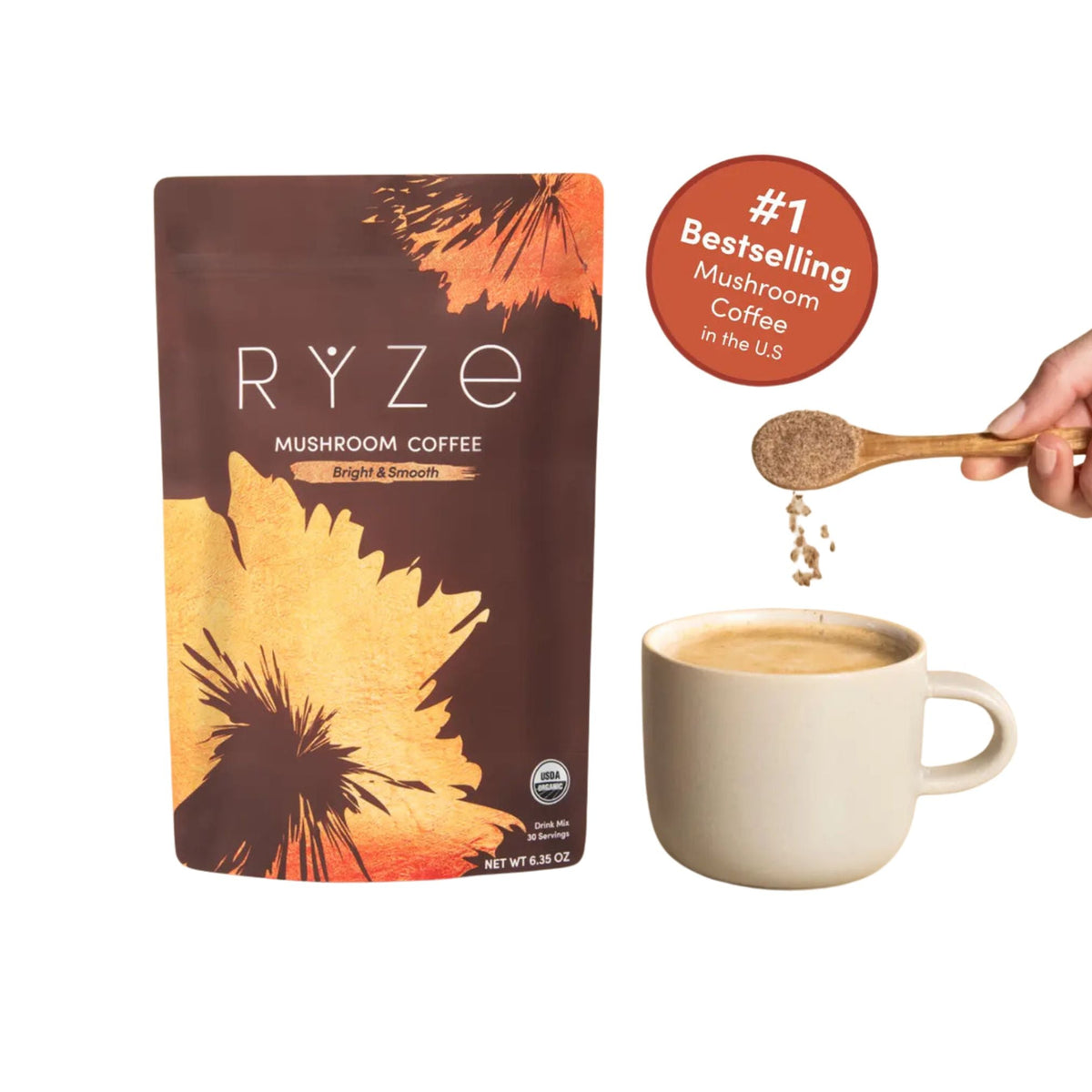 Rye Mushroom Coffee package with a cup of coffee and a hand pouring coffee grounds.