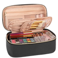 Makeup case with various cosmetic items on a white background