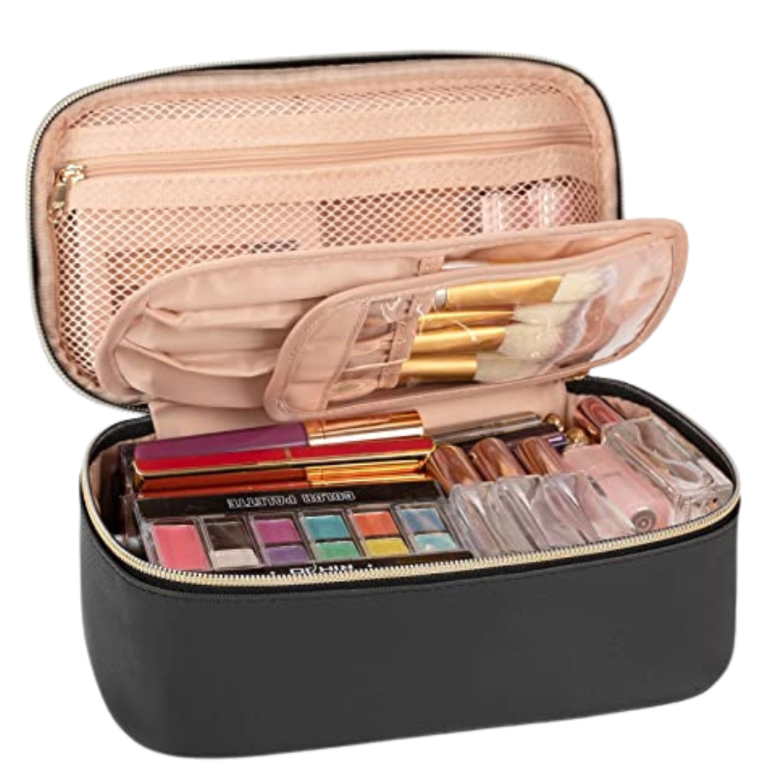 Makeup case with various cosmetic items on a white background