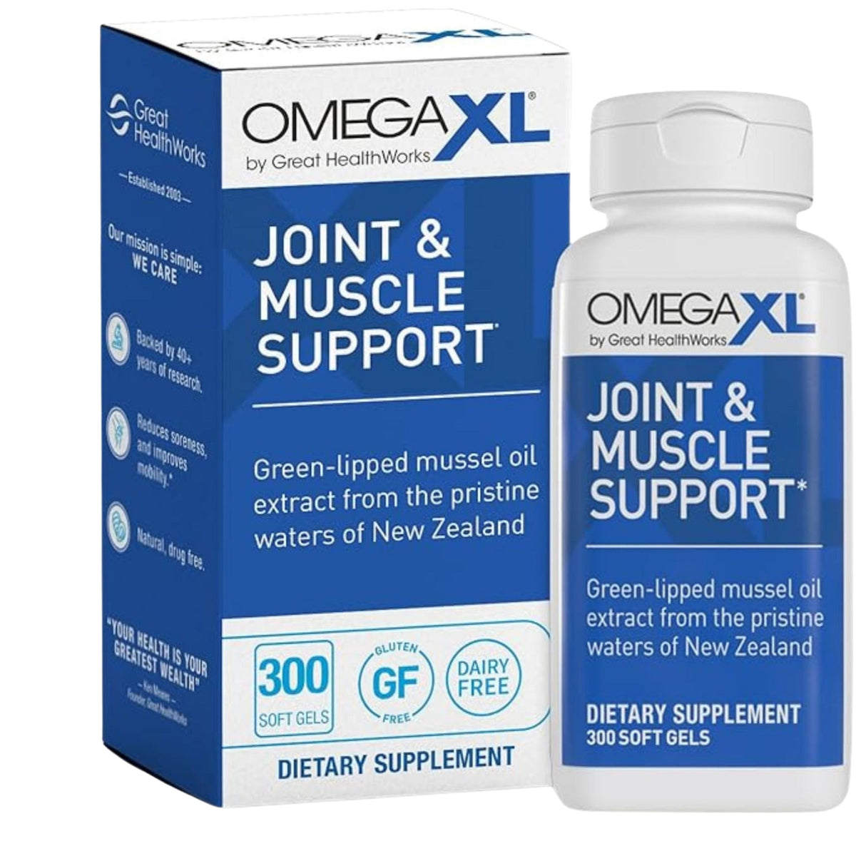 Omega XL Joint & Muscle Support supplement bottle and packaging on a white background