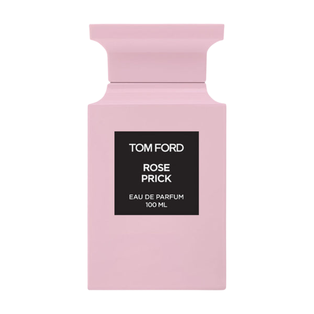 Pink Tom Ford perfume bottle with black label on a white background