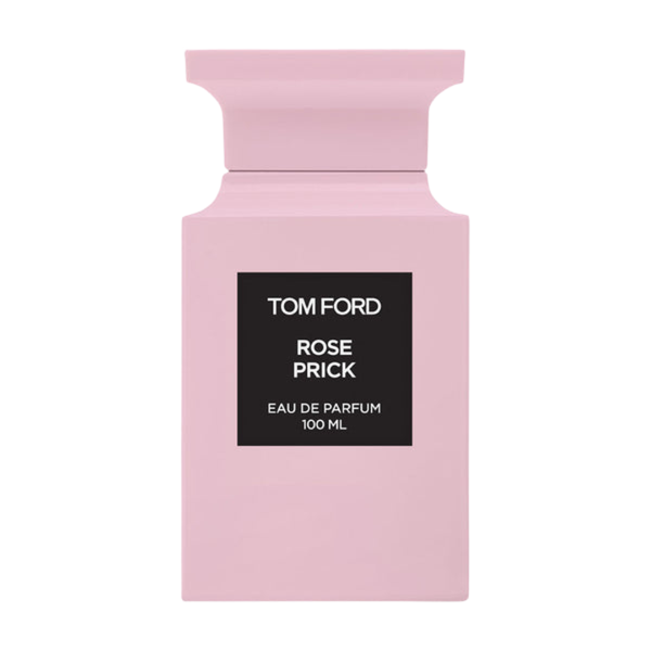 Pink Tom Ford perfume bottle with black label on a white background