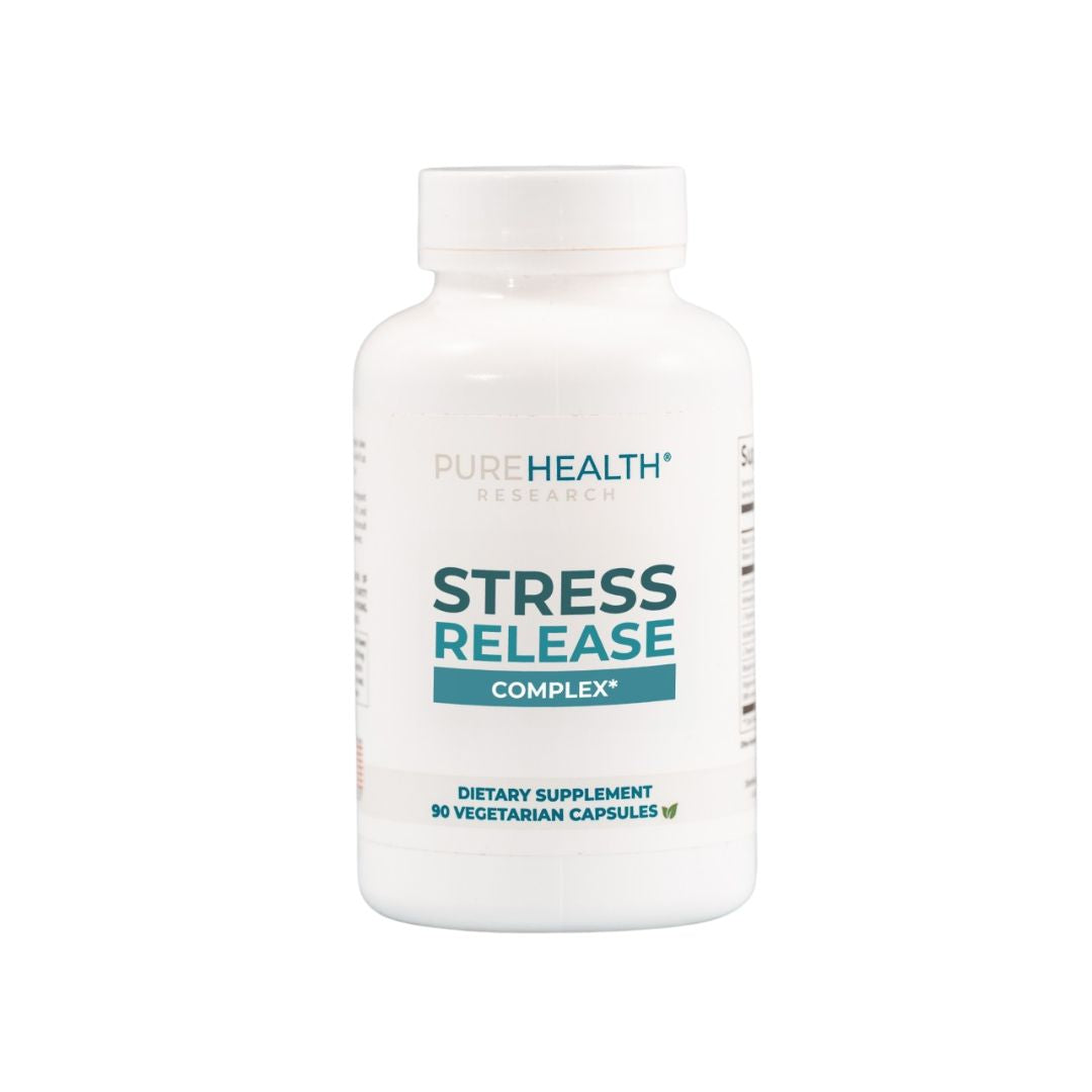 Supplement bottle labeled 'Stress Release Complex' by Pure Health on a white background