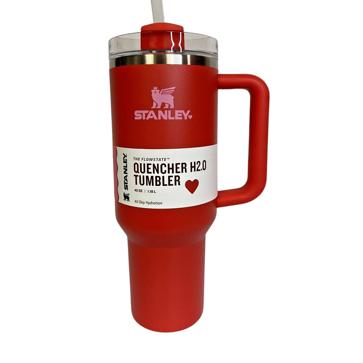 Red Stanley tumbler with a white label on a white background