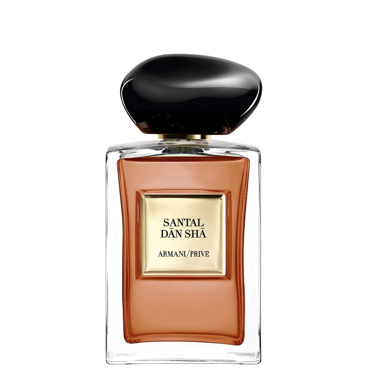 Perfume bottle with black cap and gold label on a white background