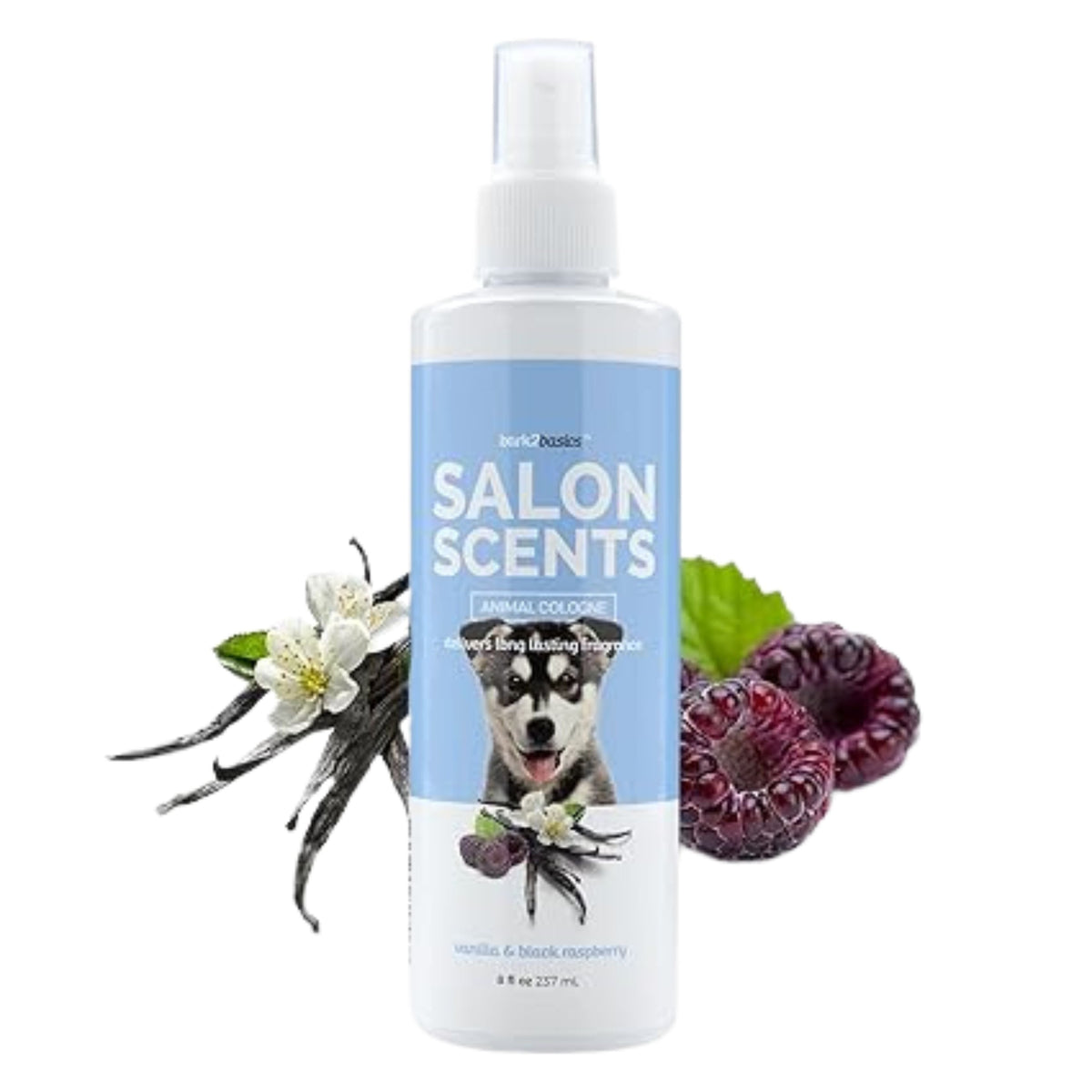 Bottle of Salon Scents dog detangling spray with a blue label featuring a dog and natural elements.