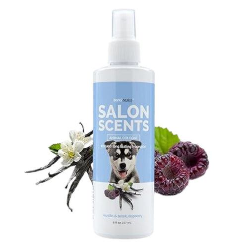 Bottle of Salon Scents dog detangling spray with a blue label featuring a dog and natural elements.