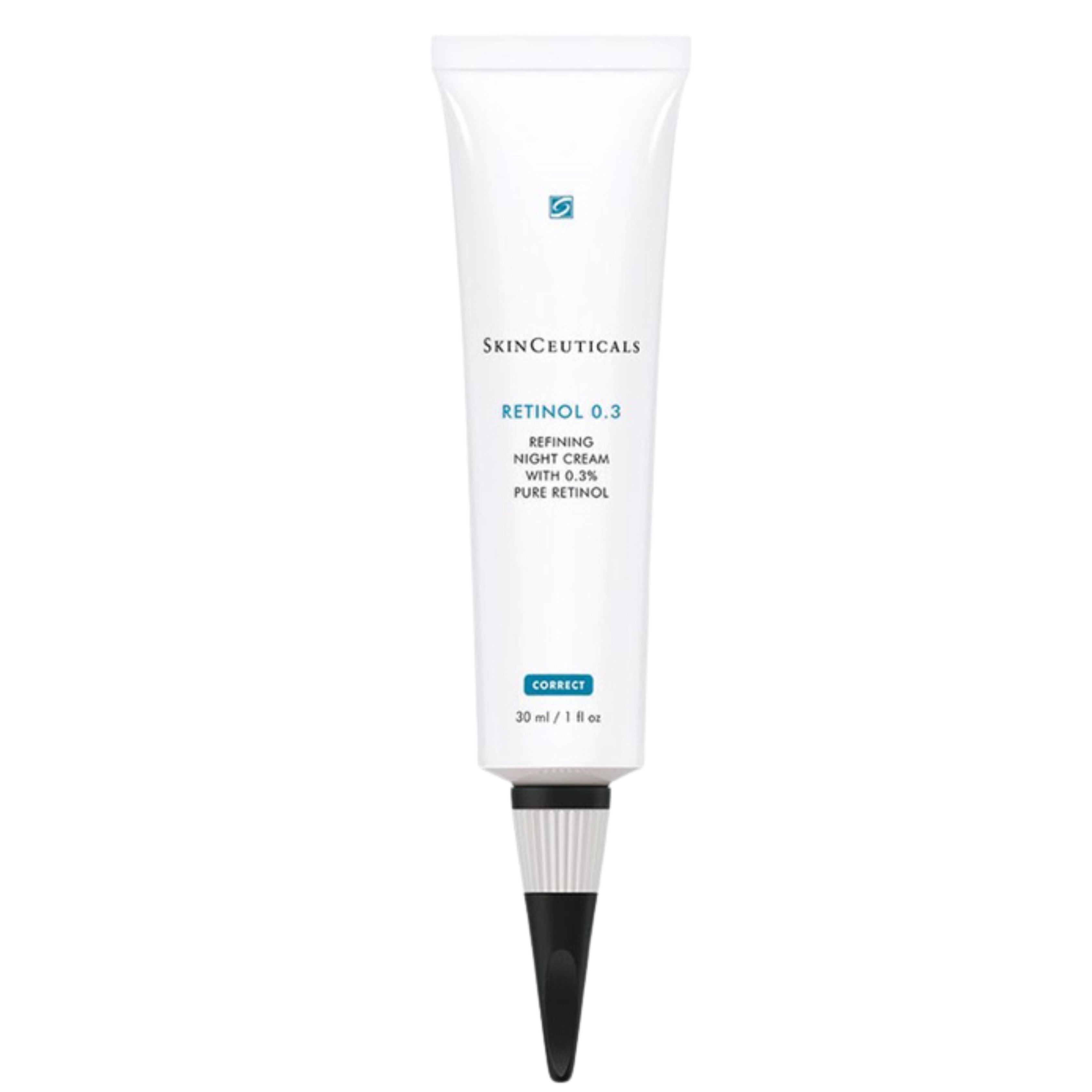 SkinCeuticals Retinol 0.3 Retinol Night Cream in a white squeeze tube with a black and silver applicator tip, shown against a plain white background.