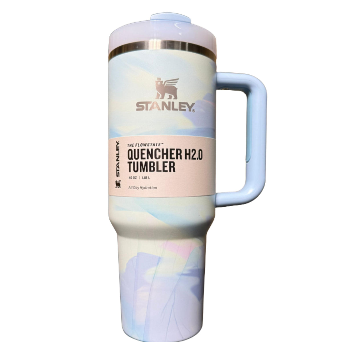 Stanley Quencher H2.O tumbler with a pastel design on a white background