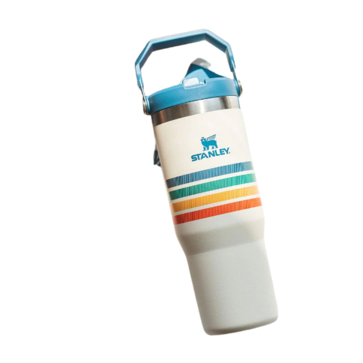 Stanley water bottle with colorful stripes on a white background