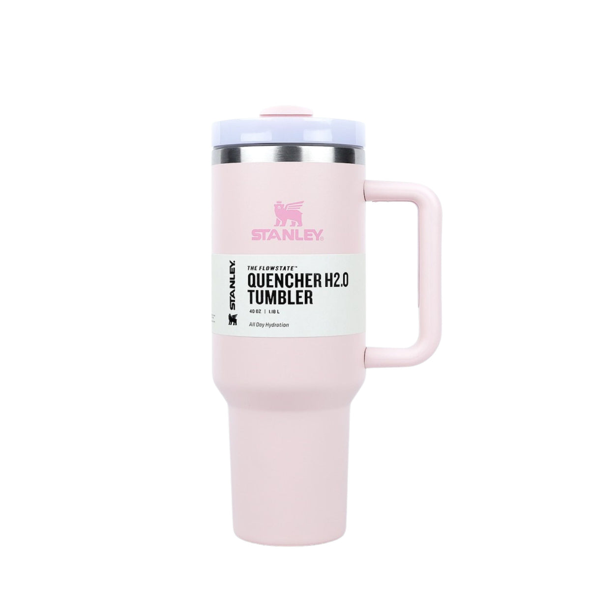 Pink Stanley tumbler with a handle on a white background
