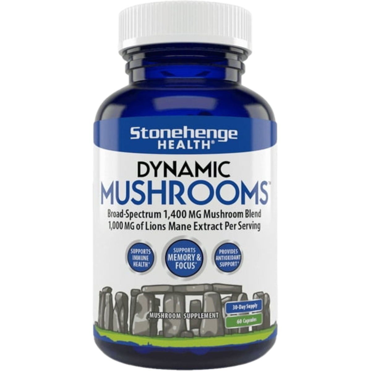 Bottle of Stonehenge Health Dynamic Mushrooms supplement on a white background