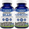 Two bottles of Stonehenge Health supplements, one labeled 'Dynamic Brain' and the other 'Dynamic Mushrooms', on a white background.