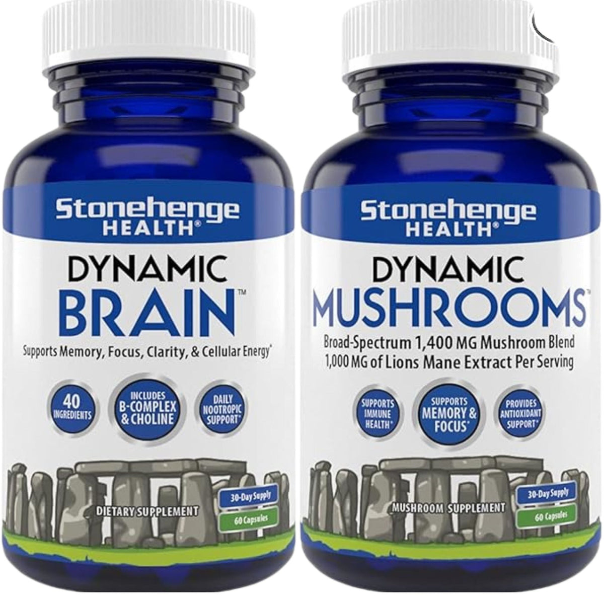 Two bottles of Stonehenge Health supplements, one labeled 'Dynamic Brain' and the other 'Dynamic Mushrooms', on a white background.