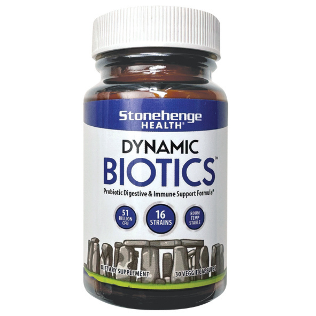 Bottle of Stonehenge Health Dynamic Biotics supplement on a white background