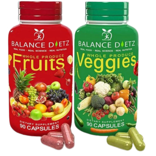 Two supplement bottles labeled 'Fruits' and 'Veggies' with colorful graphics on a white background.
