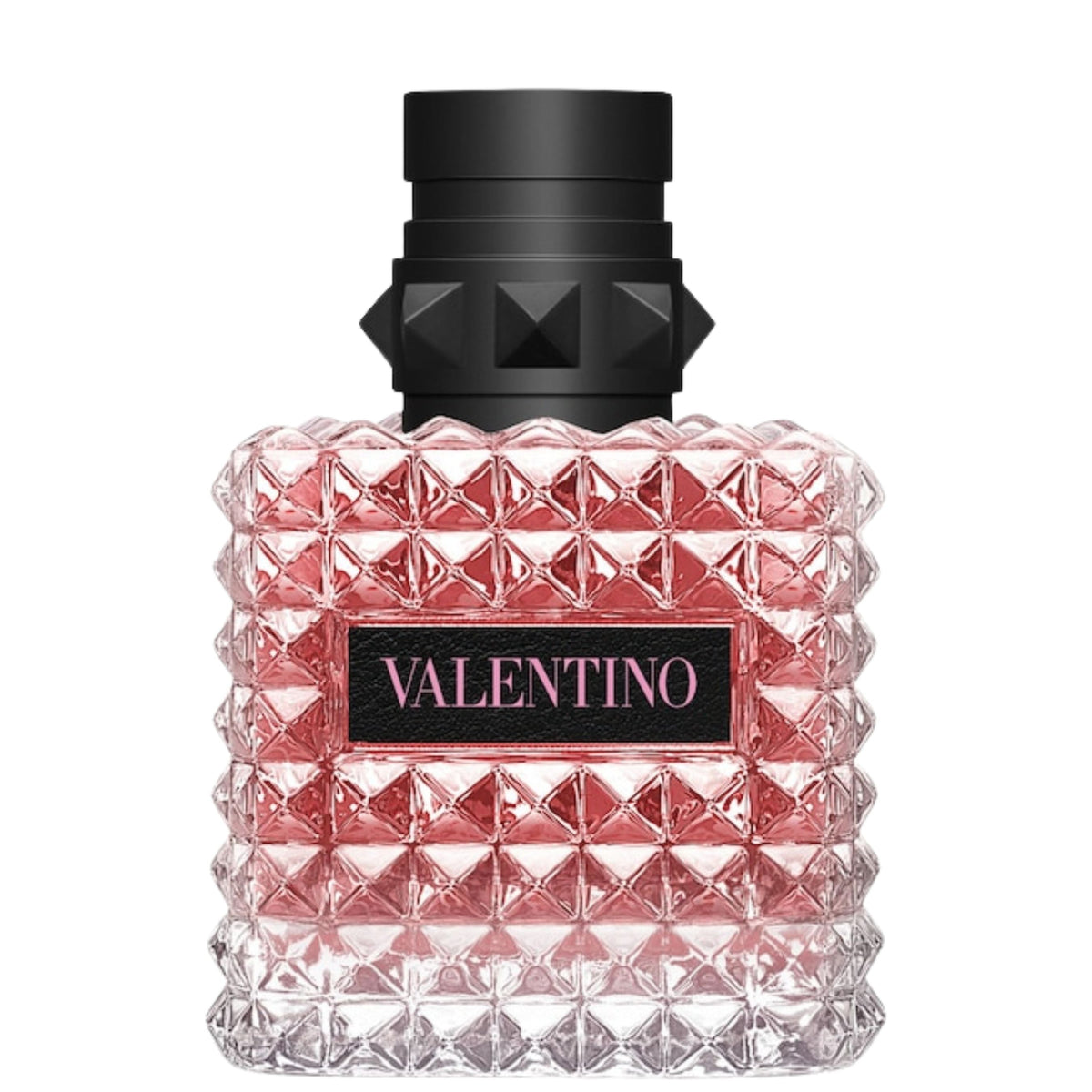 Valentino perfume bottle with pink textured design and black cap on a white background