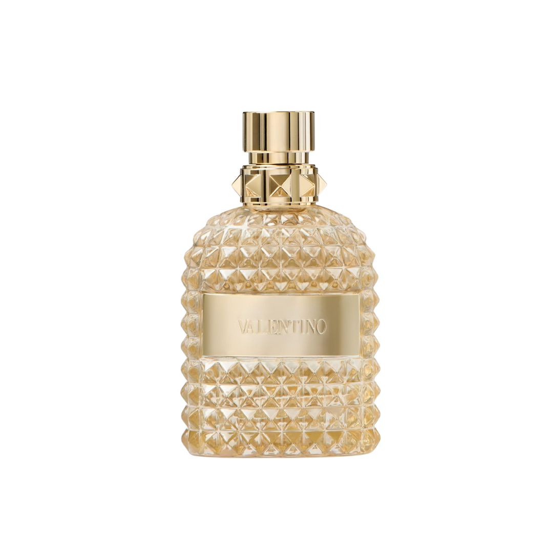 Valentino perfume bottle with gold cap and label on a white background