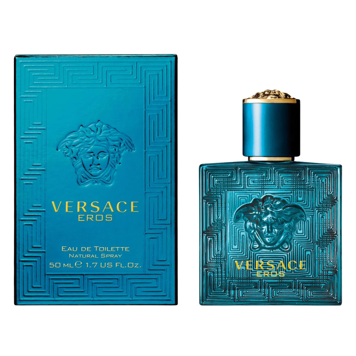 Versace Eros perfume bottle and packaging on a white background