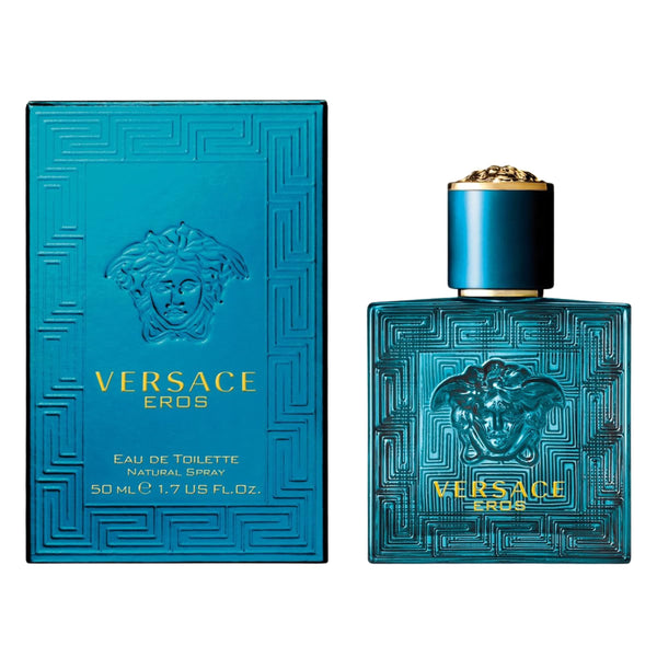 Versace Eros perfume bottle and packaging on a white background