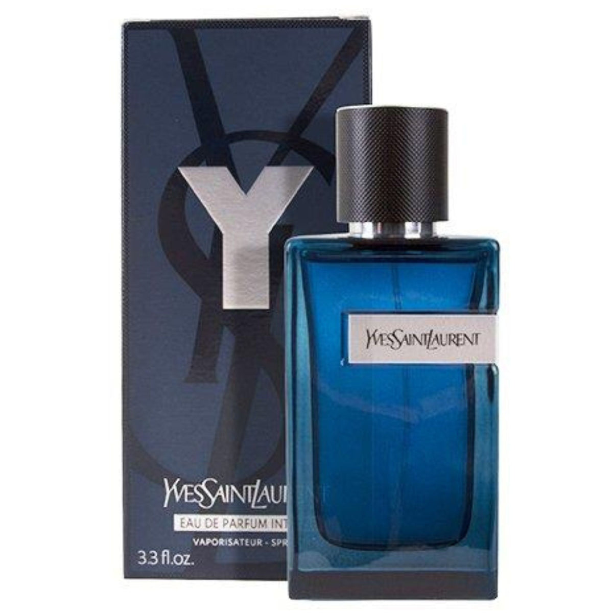 Blue Yves Saint Laurent perfume bottle with packaging on a white background