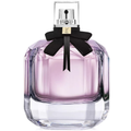 Perfume bottle with a black ribbon on a white background