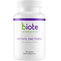 Supplement bottle labeled 'biote Nutraceutical Methyl Factors+' on a white background
