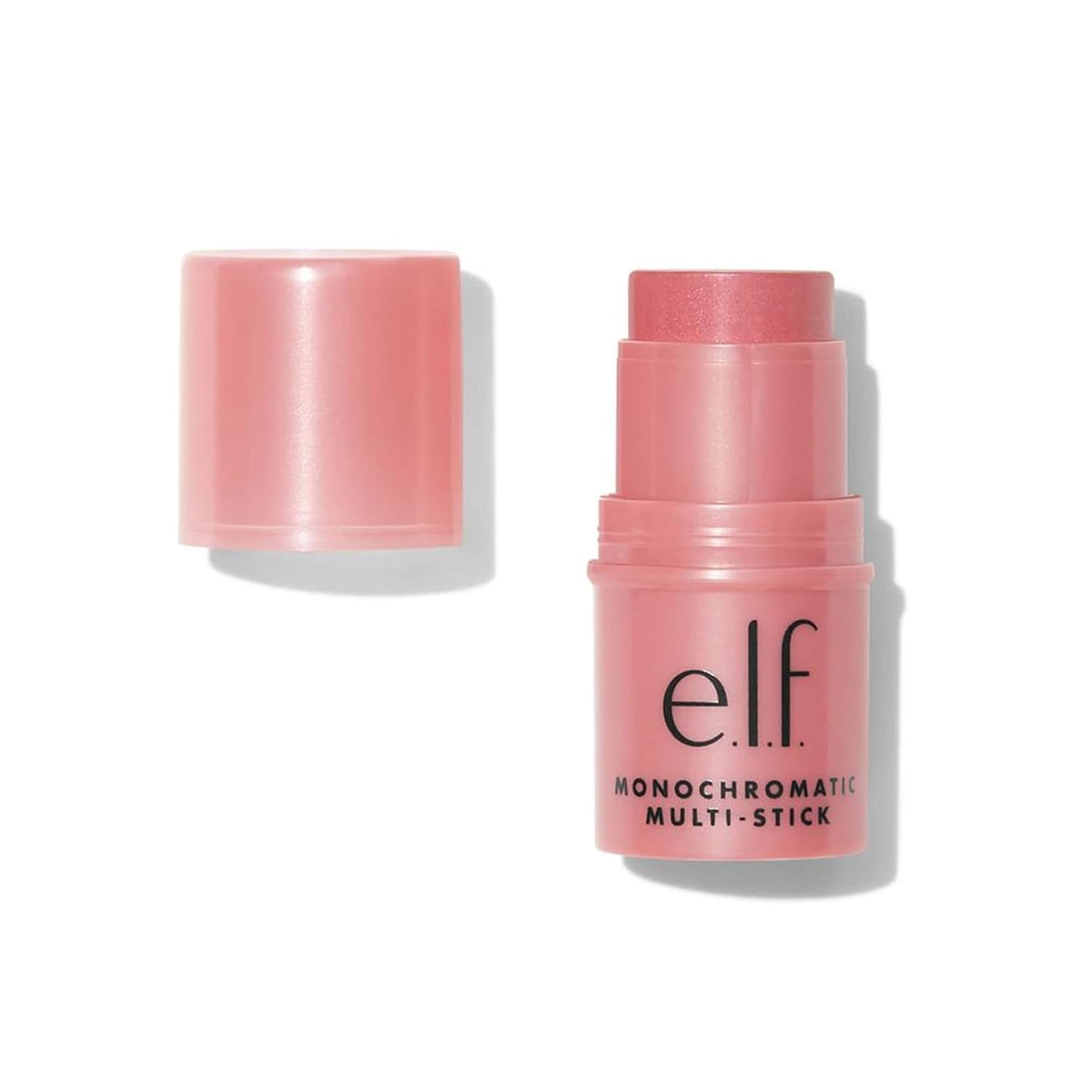 Pink makeup stick with 'elf' branding on a white background