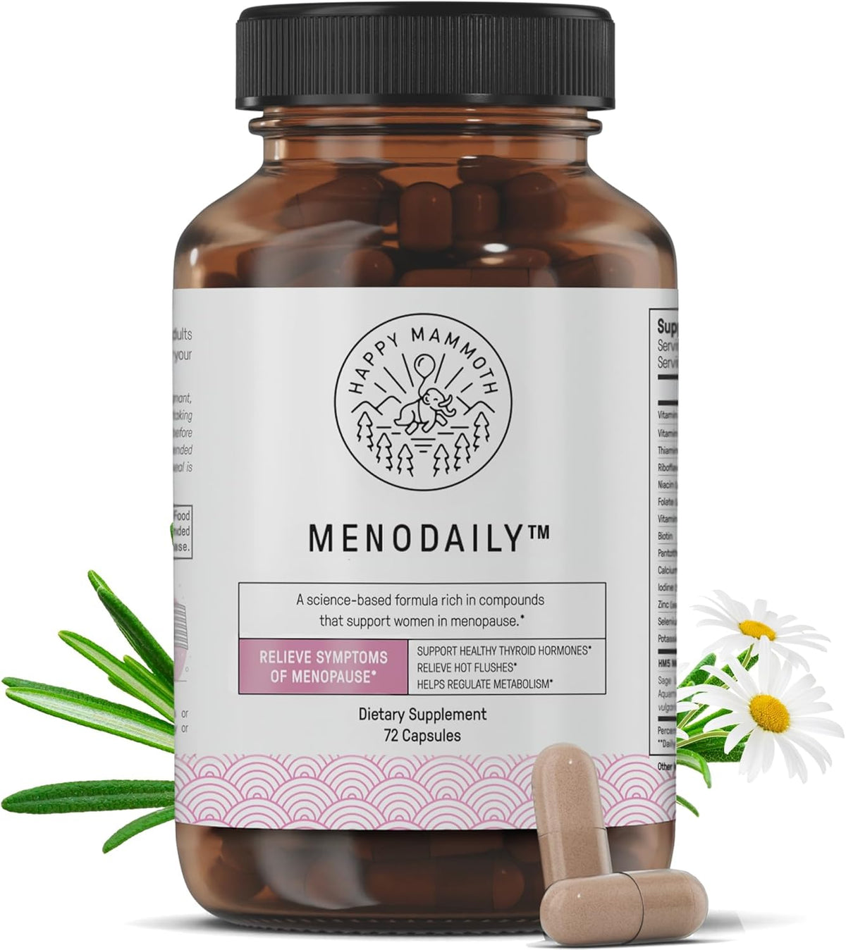 Menopause support supplement bottle with 'Happy Mammoth' branding on a white background