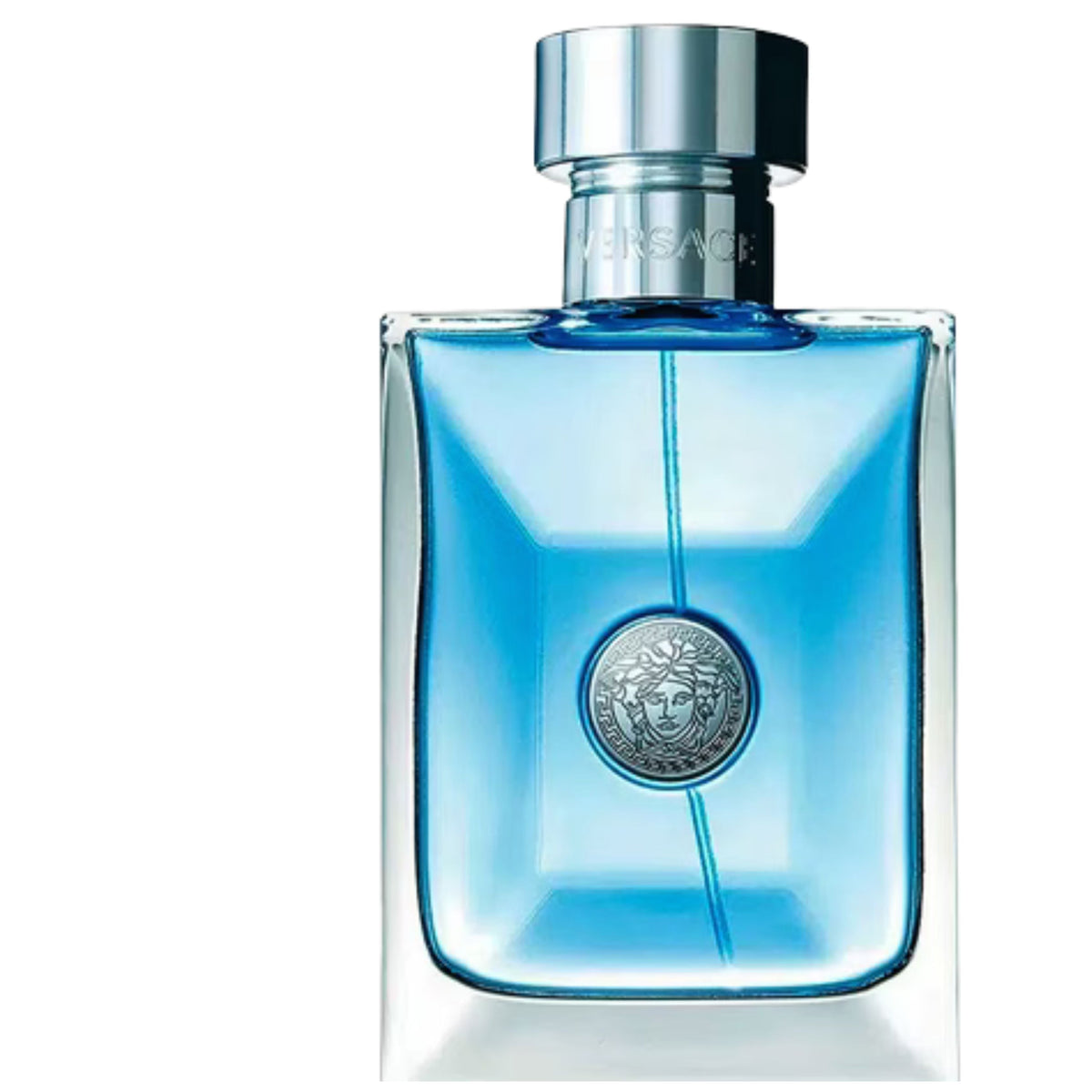 Blue perfume bottle with silver cap on a white background
